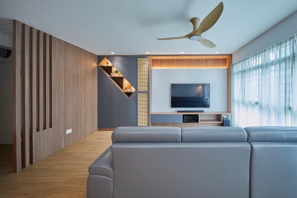 Contemporary Living Room with TV Console and Feature Wall