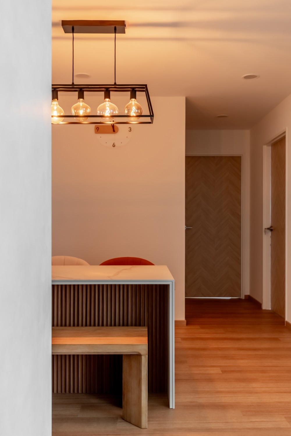 Scandinavian Dining Room with Vinyl Flooring and Feature Wall