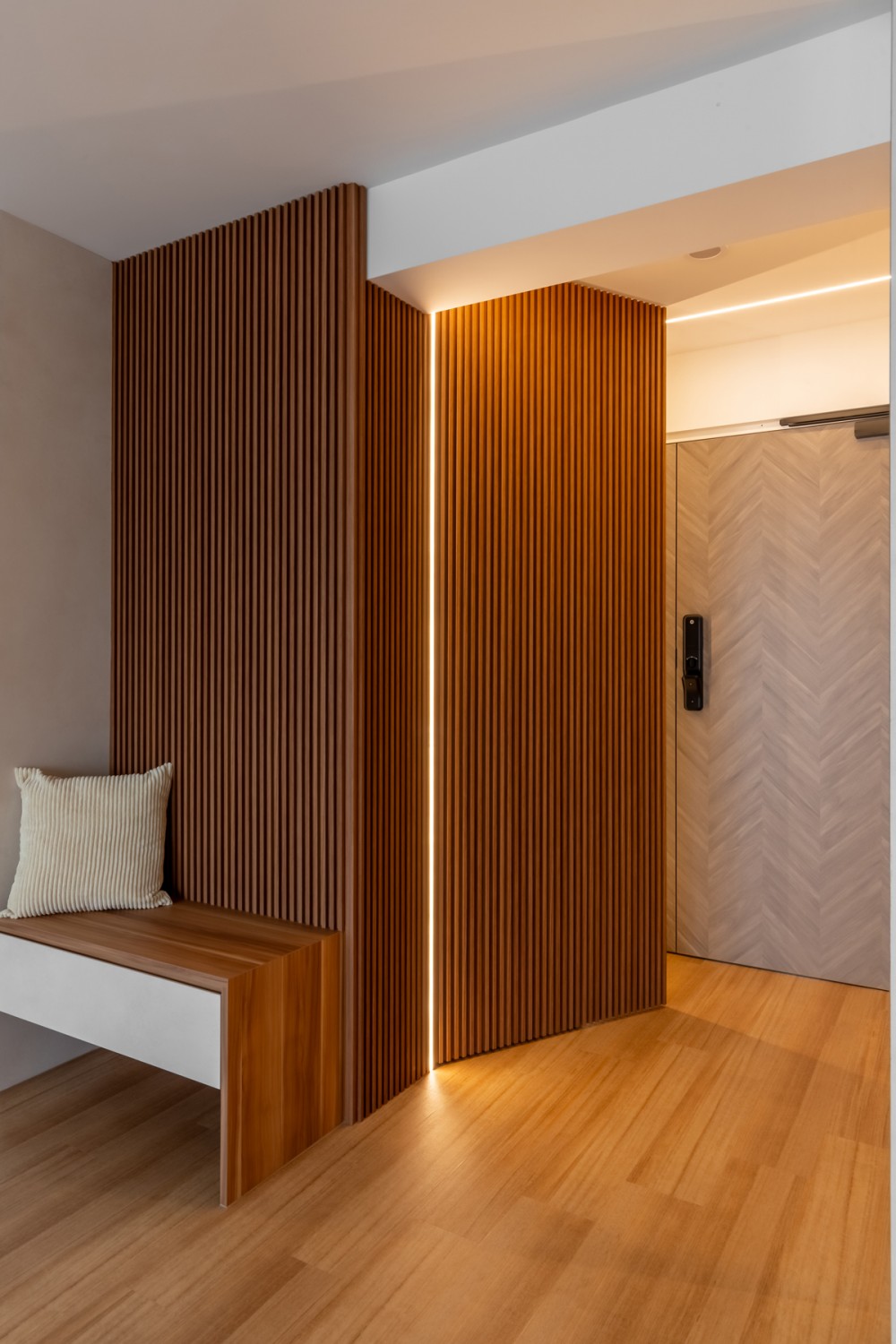 Scandinavian Entryway with Feature Wall and Seating Bench