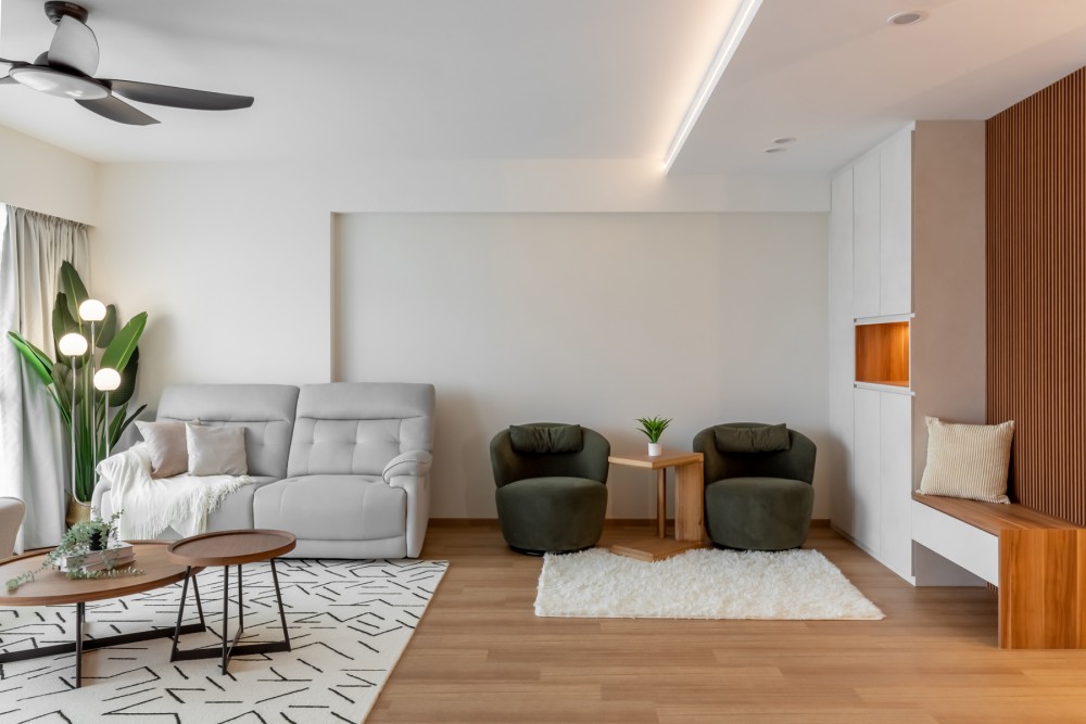 Scandinavian Living Room with Vinyl Flooring and Ceiling Fan