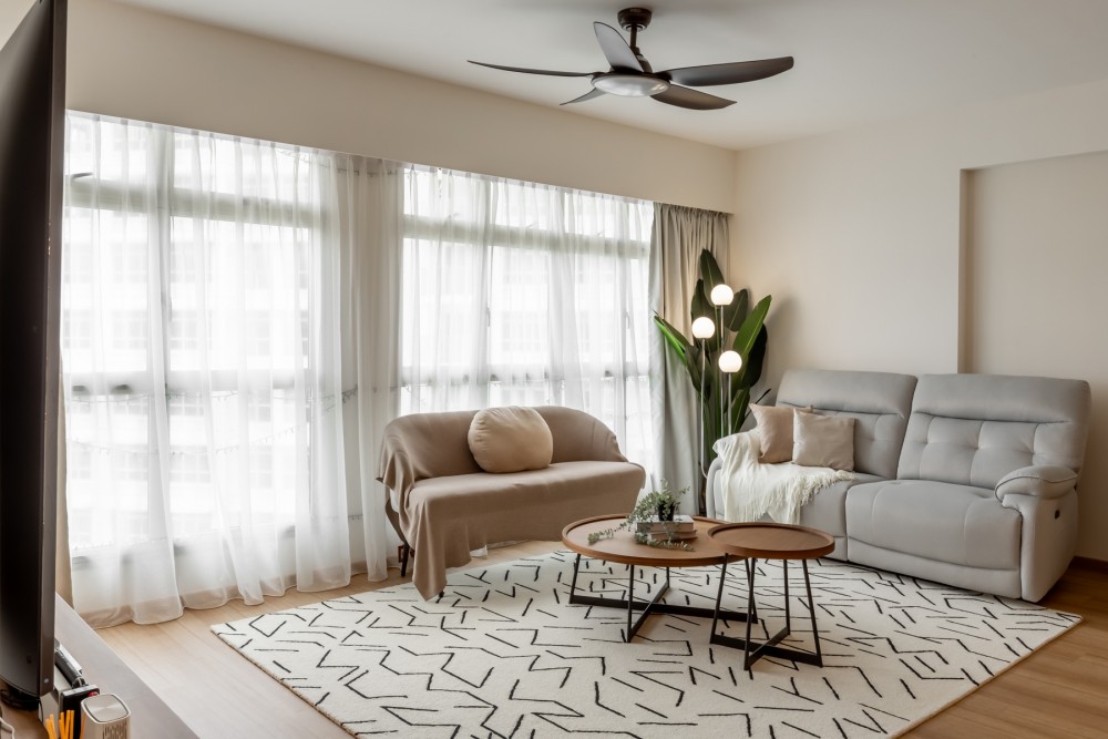 Scandinavian Living Room with Vinyl Flooring and Ceiling Fan