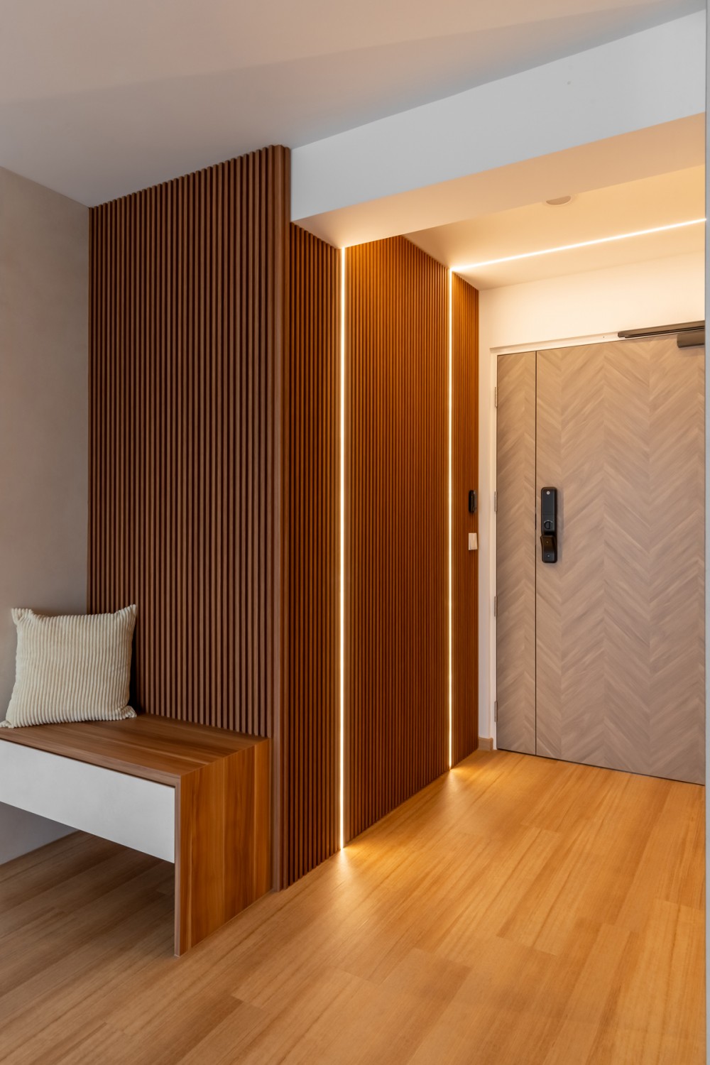 Scandinavian Entryway with Feature Wall and Seating Bench