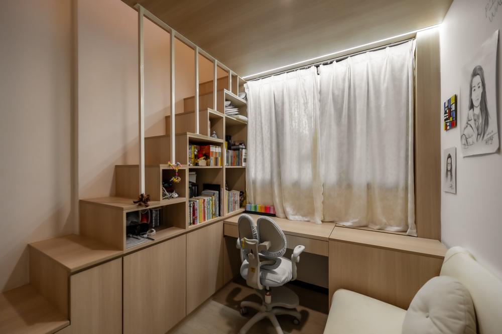 Scandinavian Bedroom with Bookshelf and Platform Bed