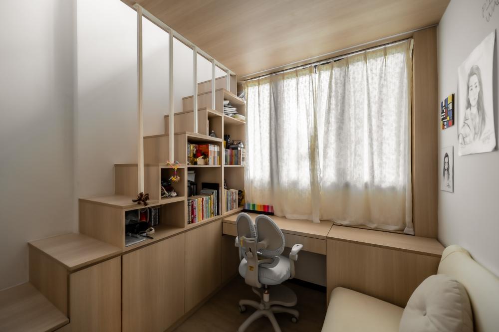 Scandinavian Bedroom with Bookshelf and Platform Bed