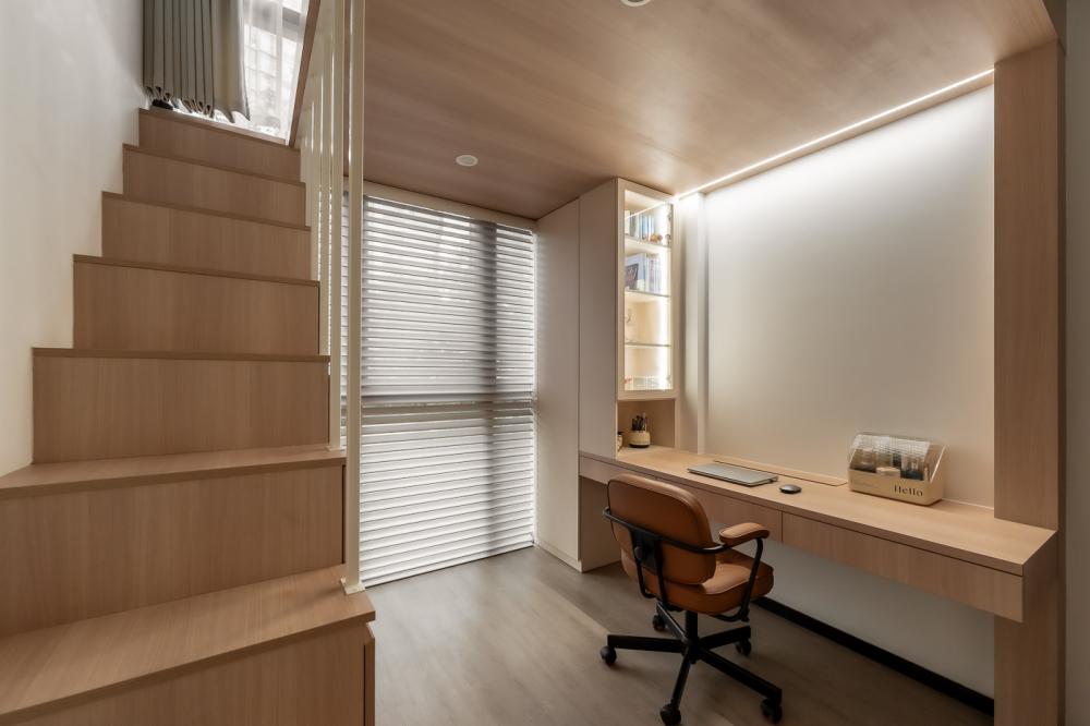 Scandinavian Bedroom with Bookshelf and Platform Bed