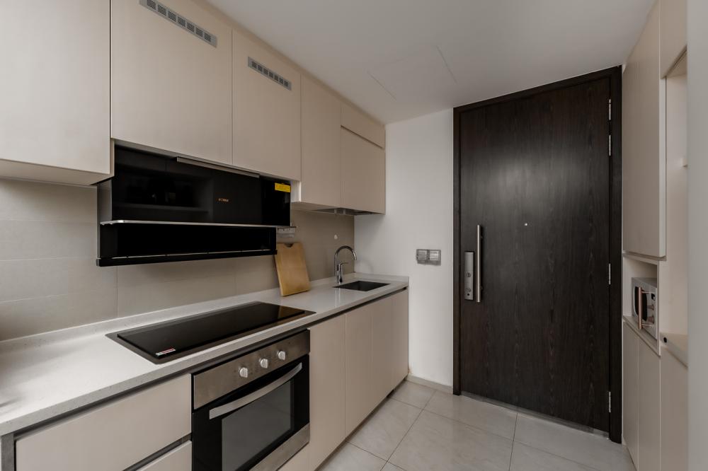 Scandinavian Kitchen with Countertop and Homogeneous Tiles