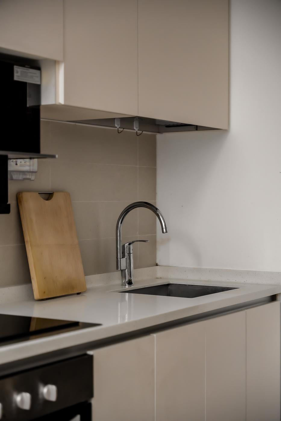 Scandinavian Kitchen with Vinyl Flooring and Kitchen Tap