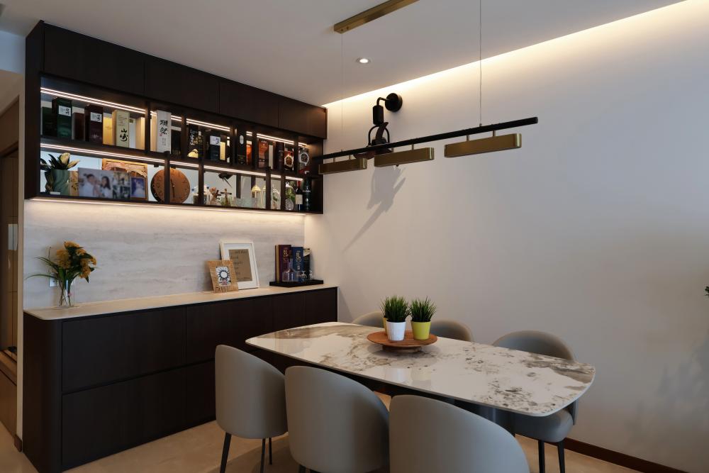 Contemporary Dining Room with Drop Light and Chandelier