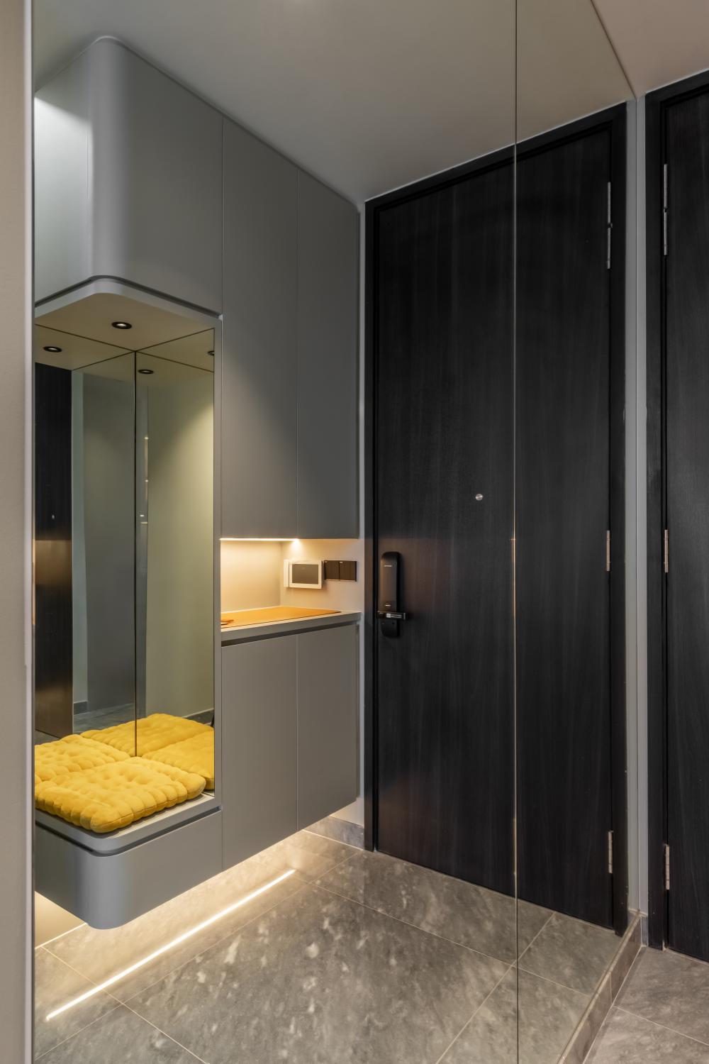 Asian Entryway with Mirror and Seating Bench