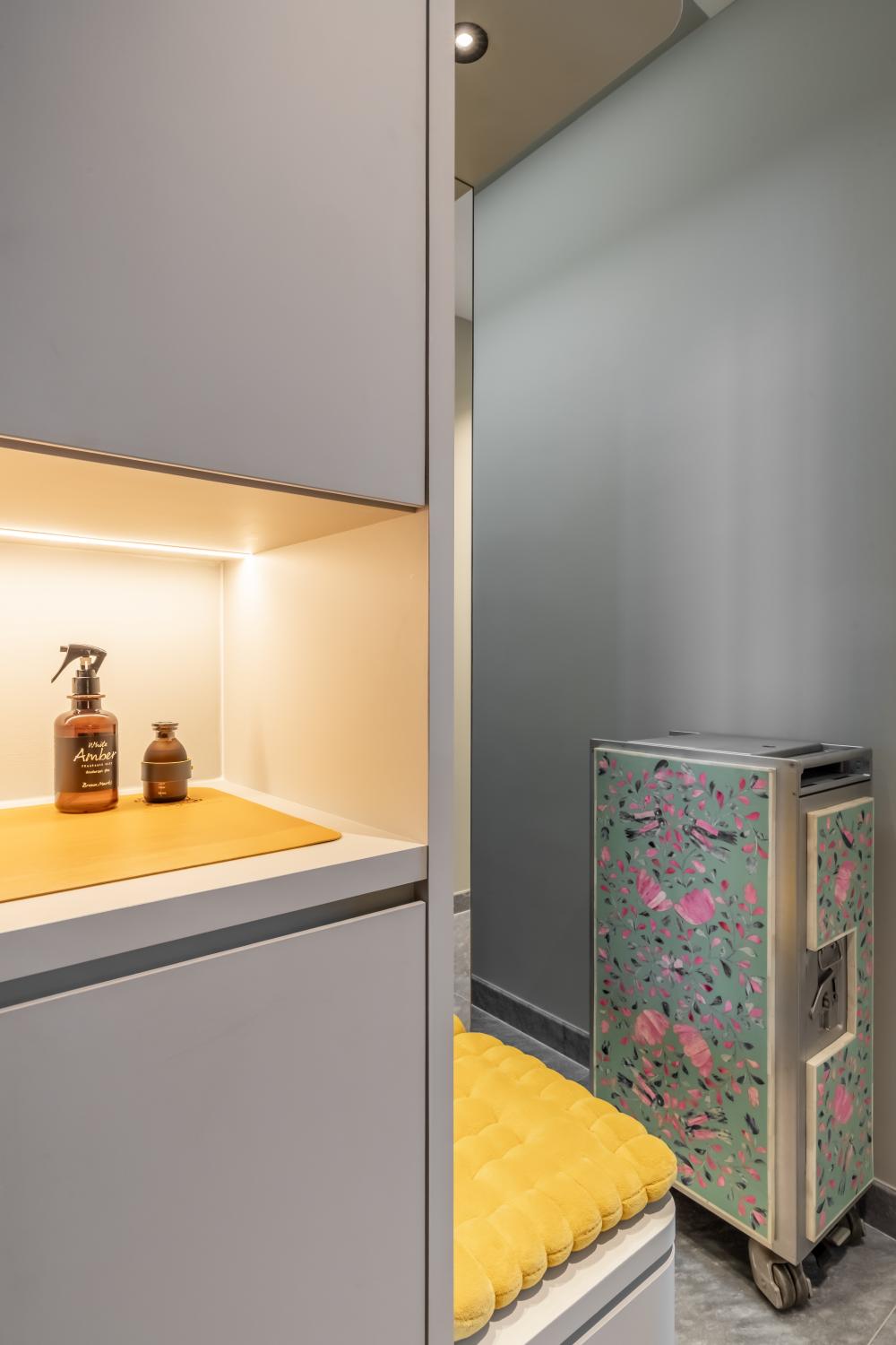 Asian Entryway with Mirror and Seating Bench