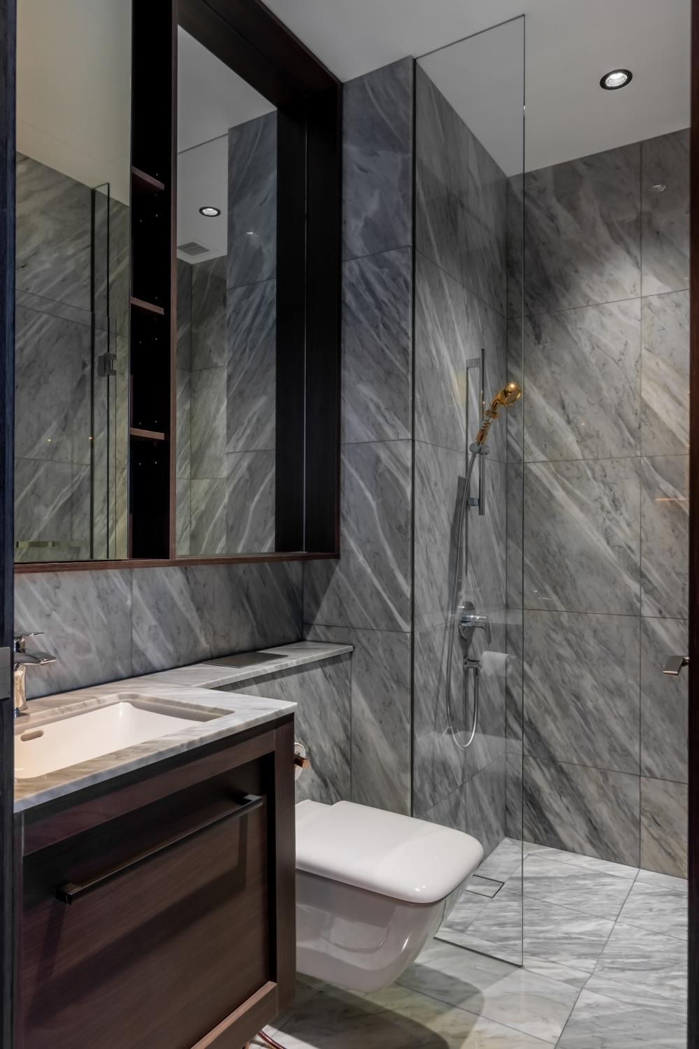 Asian Bathroom with Countertop and Marble Floor