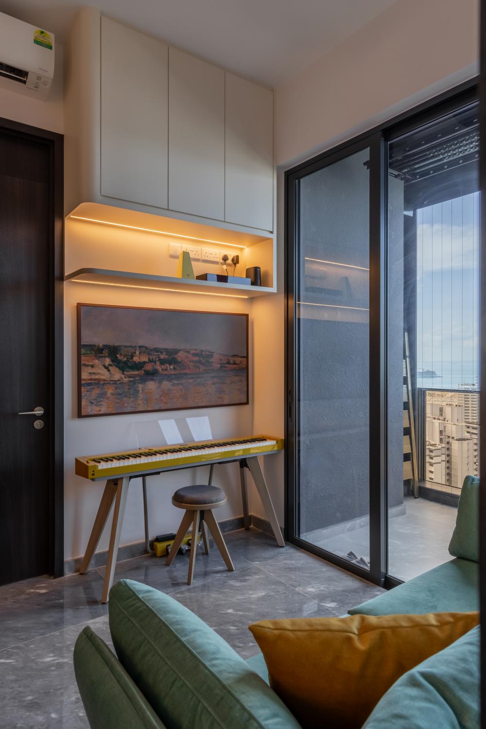 Asian Living Room with Parquet Floor and Feature Wall