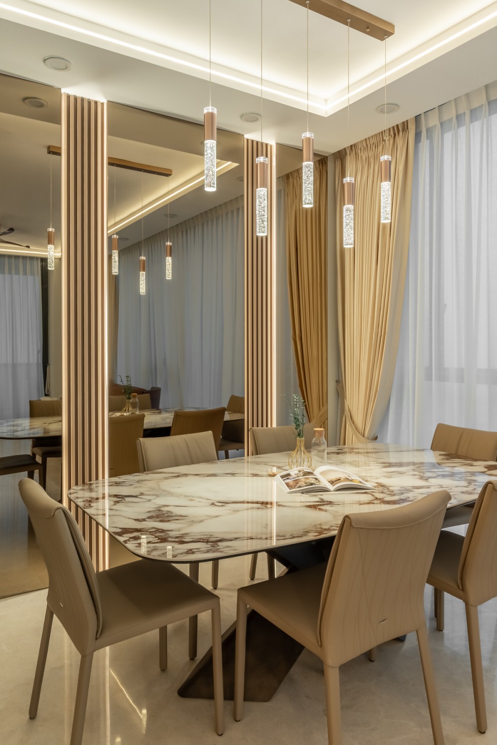 Contemporary Dining Room with Feature Wall and Curtain