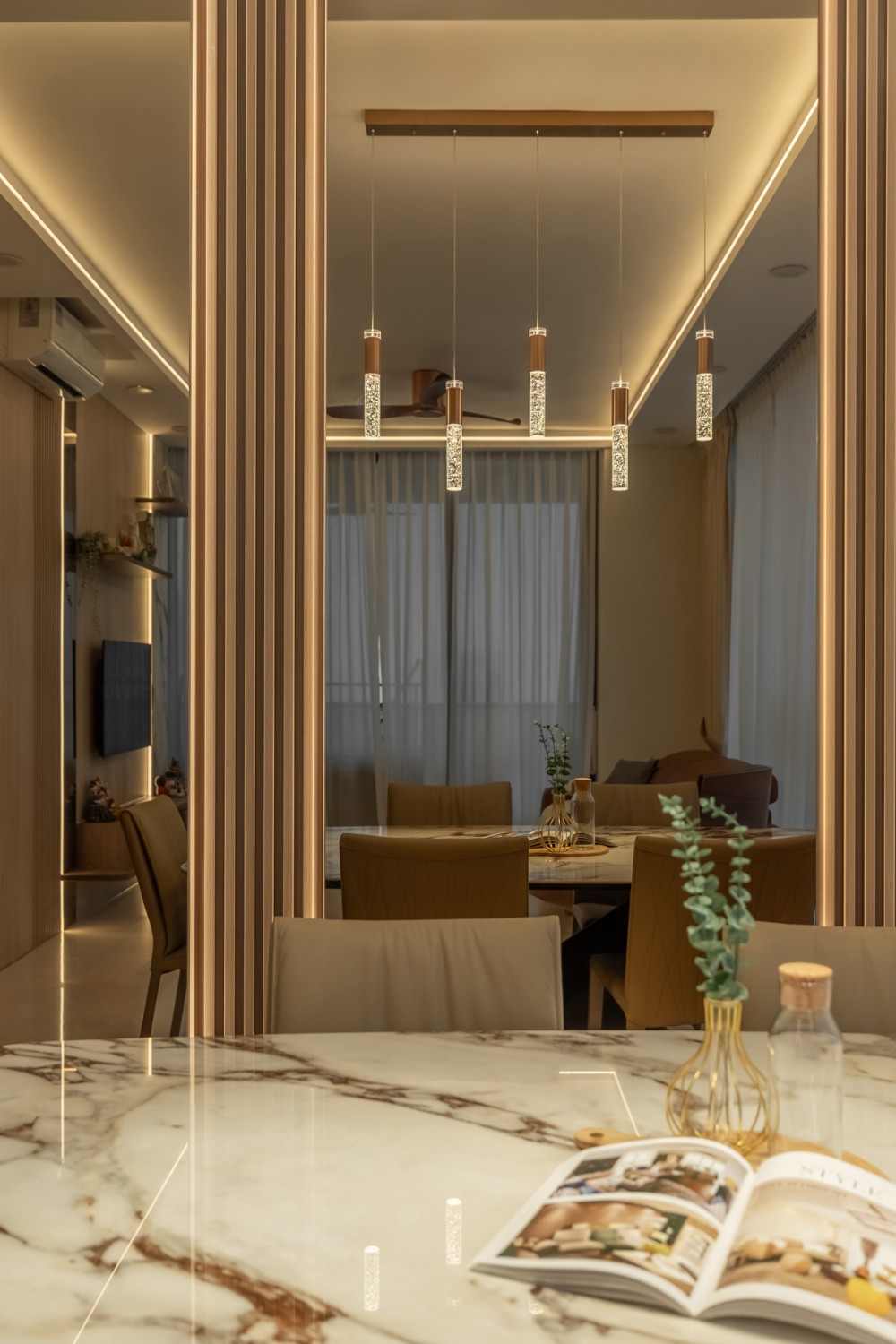 Contemporary Dining Room with Feature Wall and Curtain
