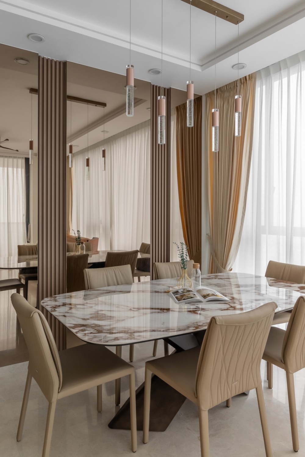 Contemporary Dining Room with Feature Wall and Curtain