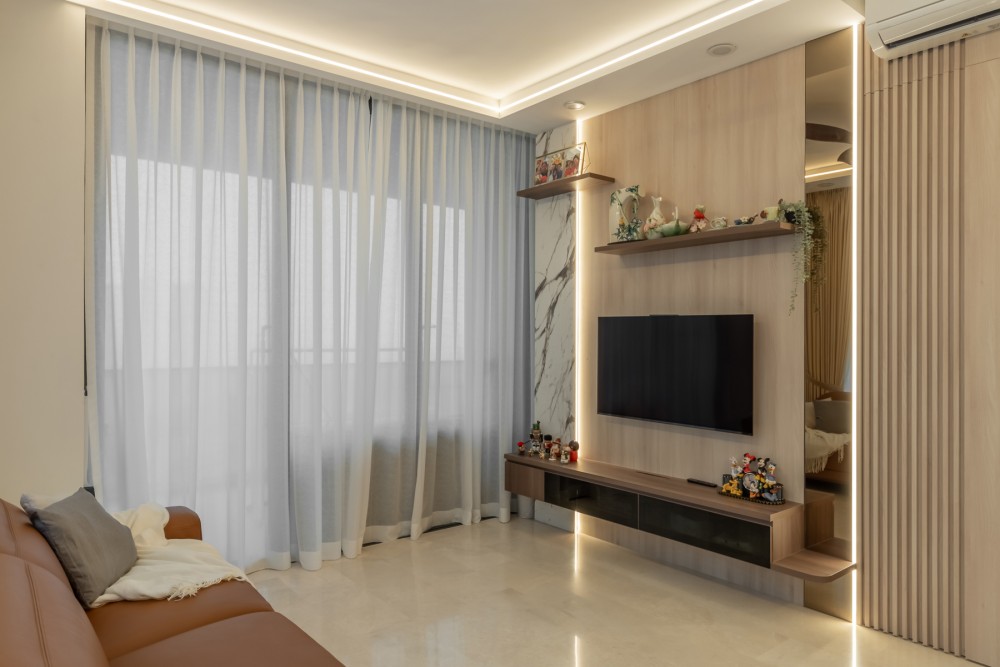 Contemporary Living Room with TV Console and Feature Wall