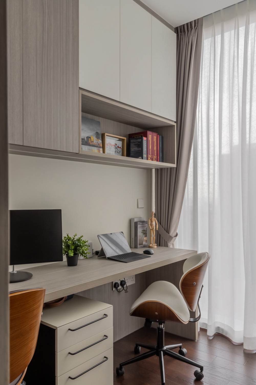 Contemporary Study with Bookshelf and Curtain