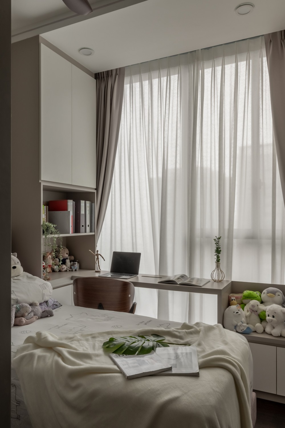 Contemporary Bedroom with Bookshelf and Built-in Bed