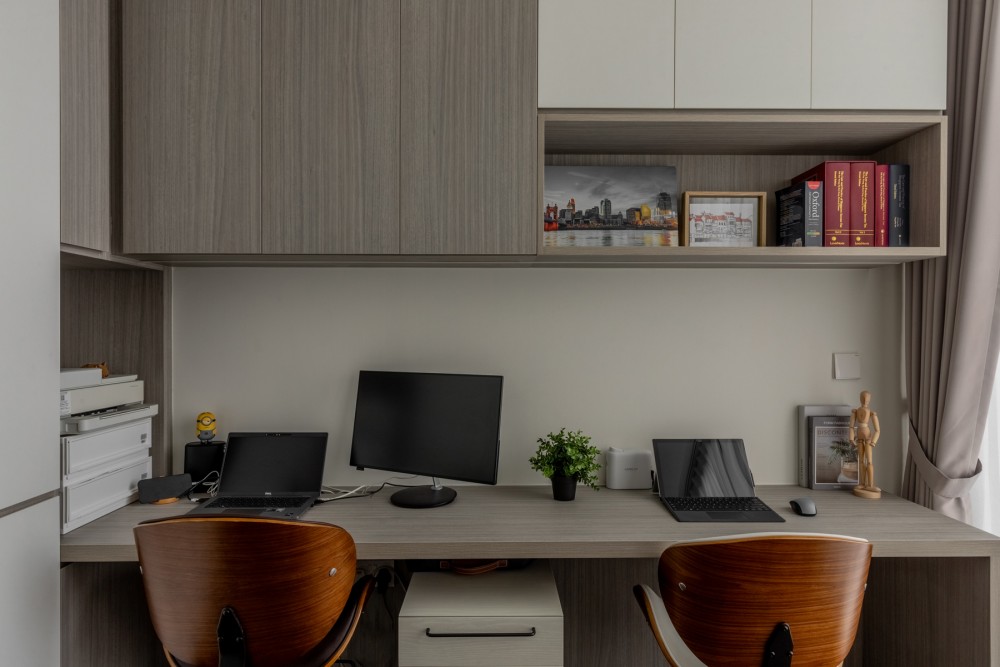 Contemporary Study with Bookshelf and Curtain