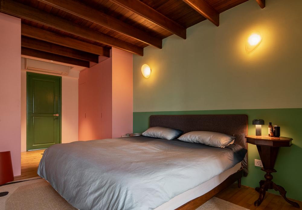 Eclectic Bedroom with Bedside Table and Bedroom Dresser