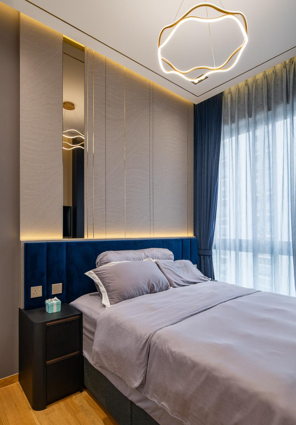 Contemporary Bedroom with Built-in Bed and Chandelier
