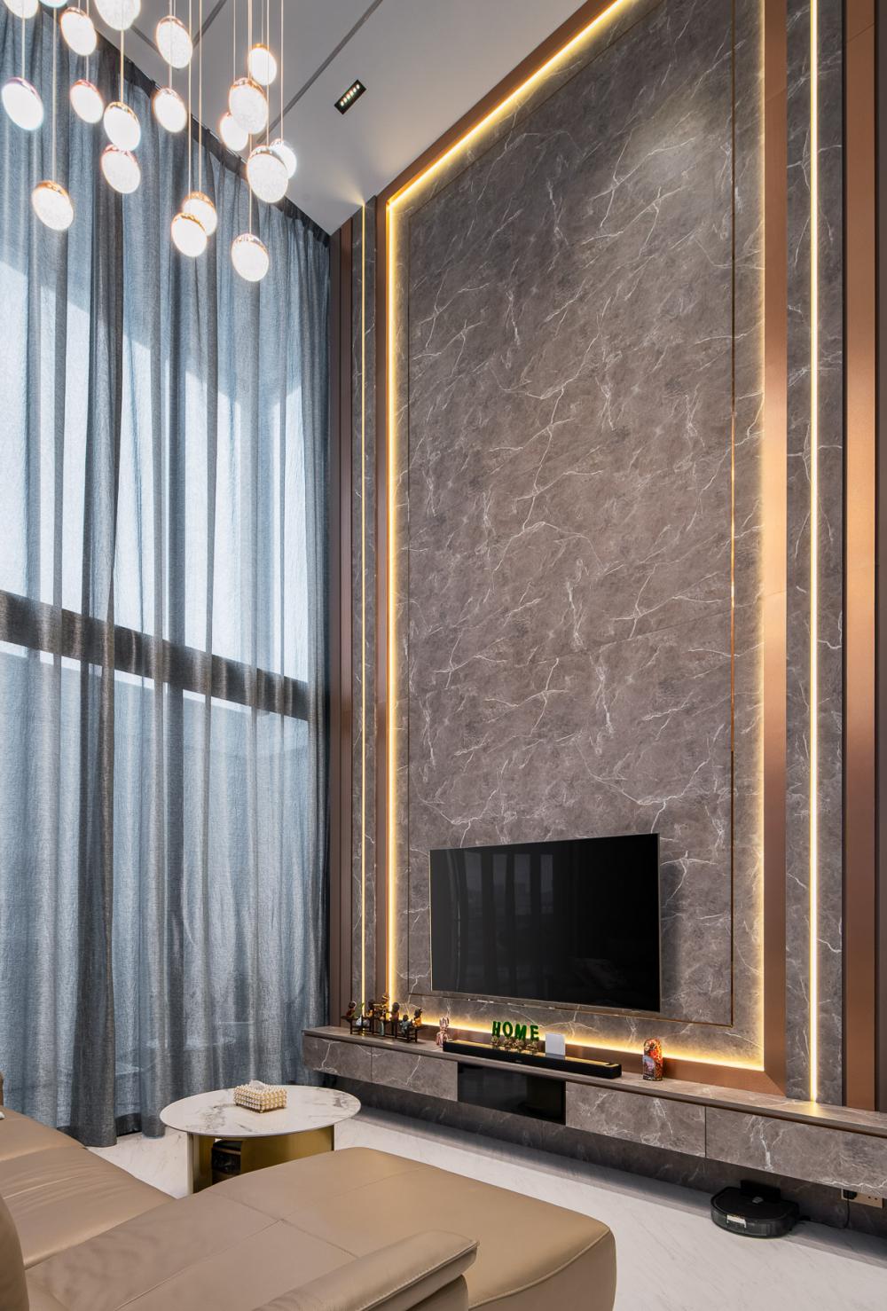 Contemporary Living Room with TV Console and Feature Wall
