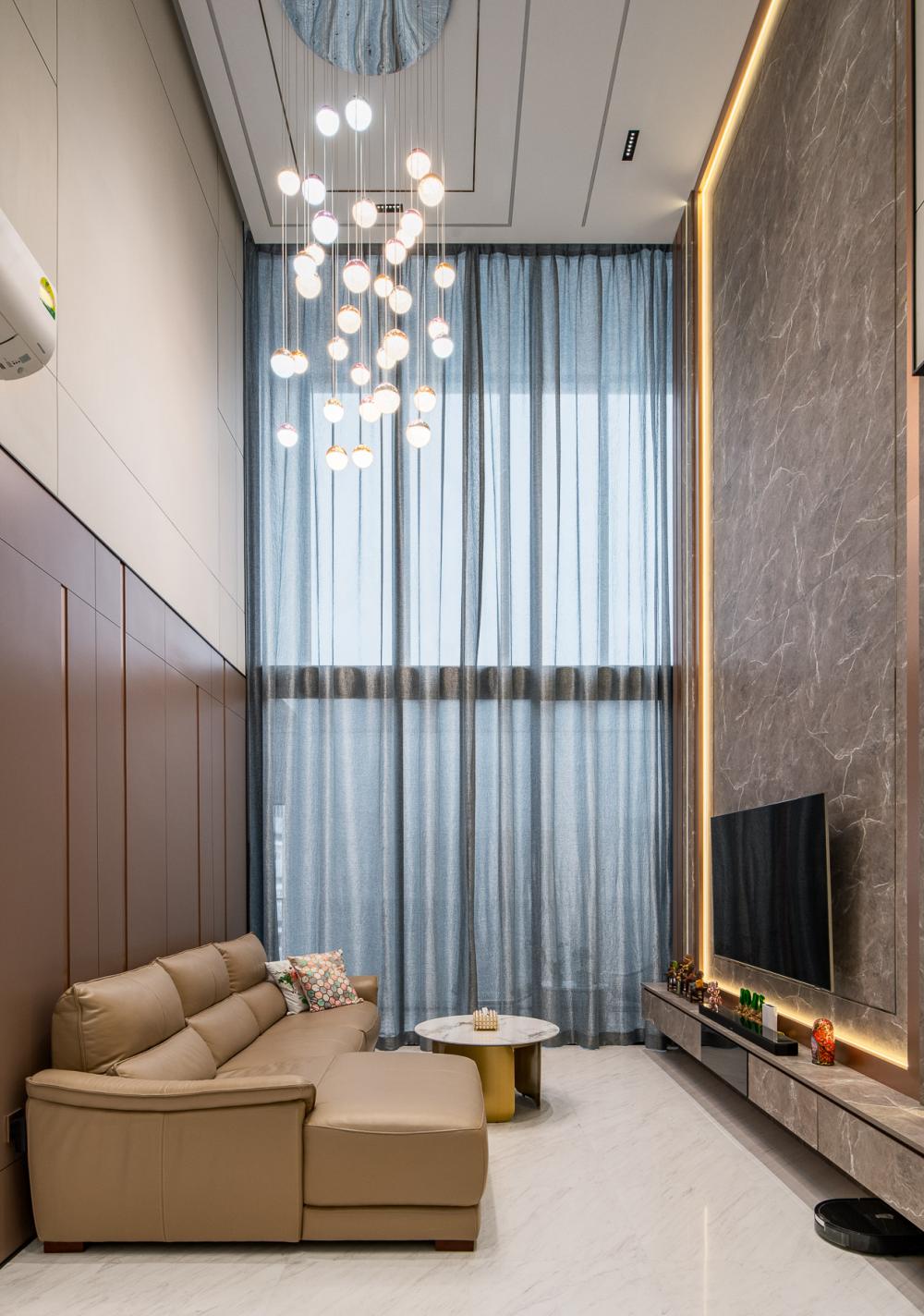 Contemporary Living Room with Drop Ceiling and Ceiling Light