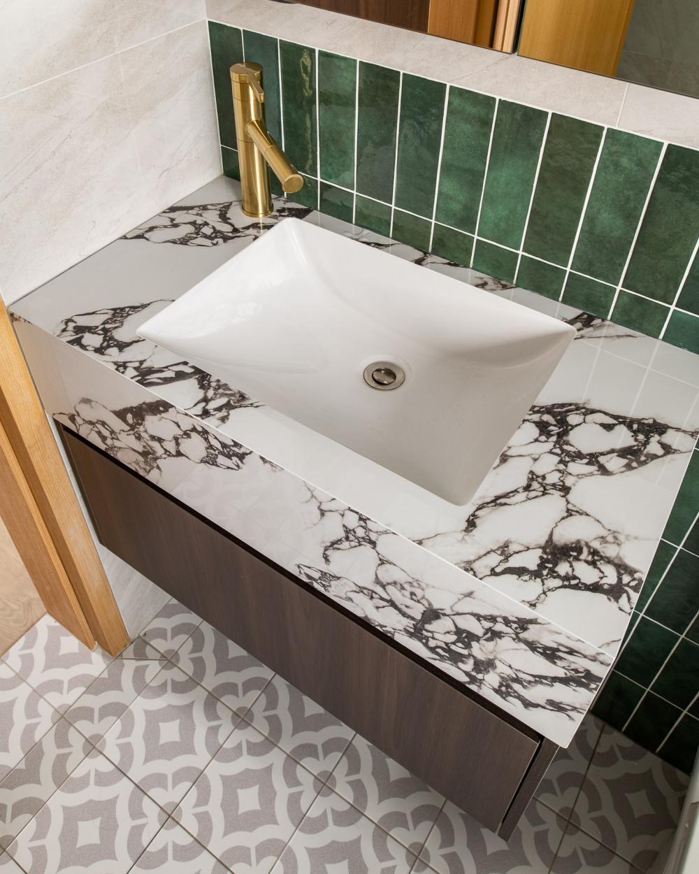 Country Bathroom with Countertop and Herringbone Tiling