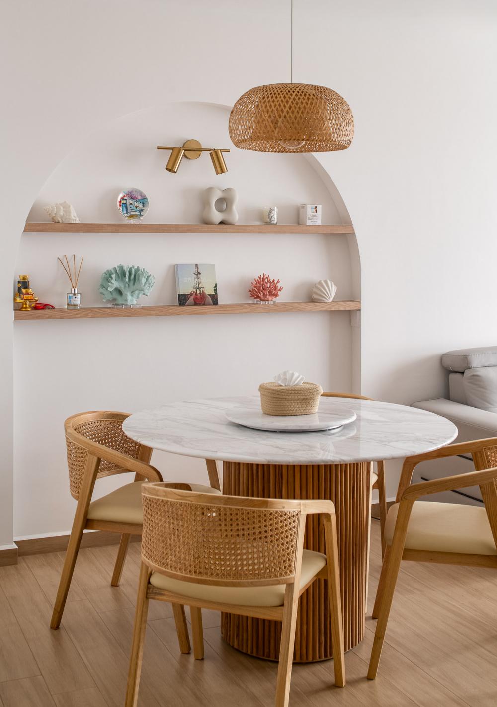 Scandinavian Dining Room with Chandelier and Downlights