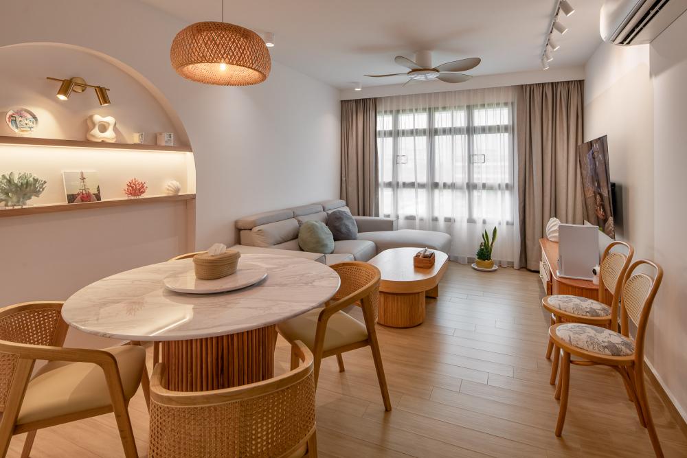 Scandinavian Living Room with Bookshelf and Homogeneous Tiles