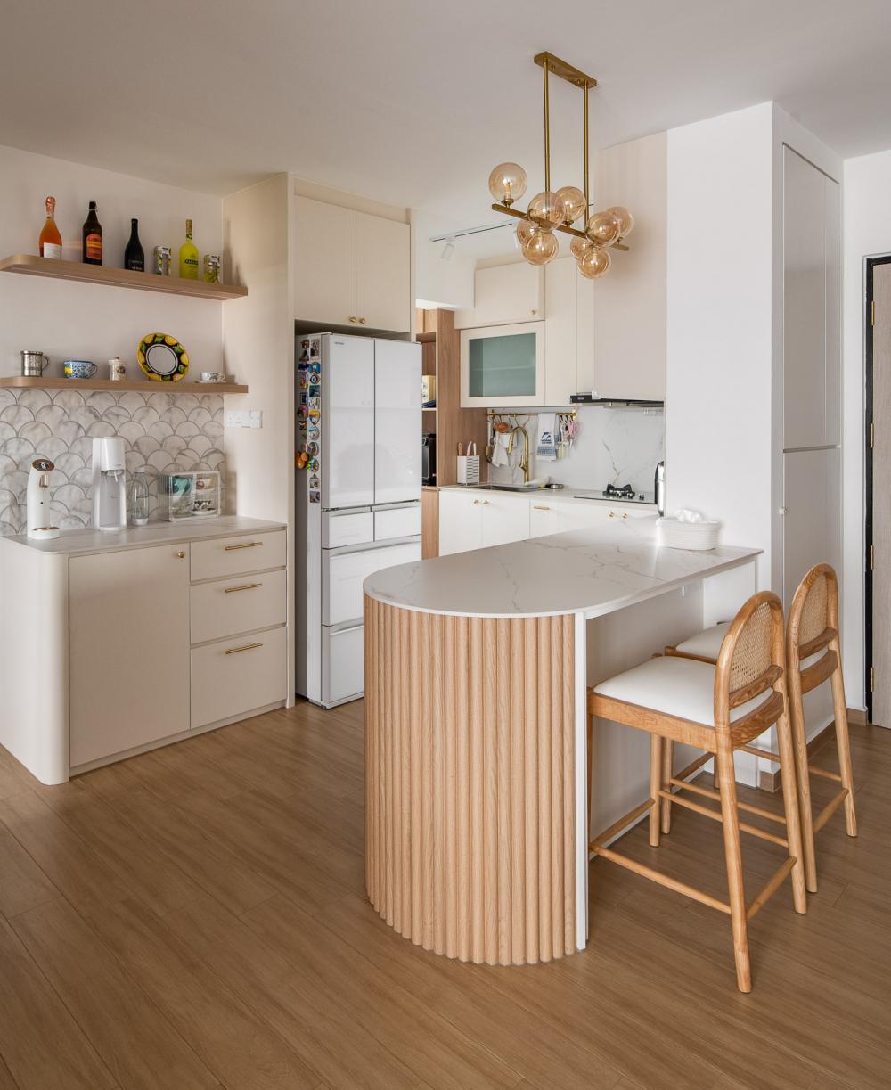 Scandinavian Kitchen with Herringbone Tiling and Cupboard