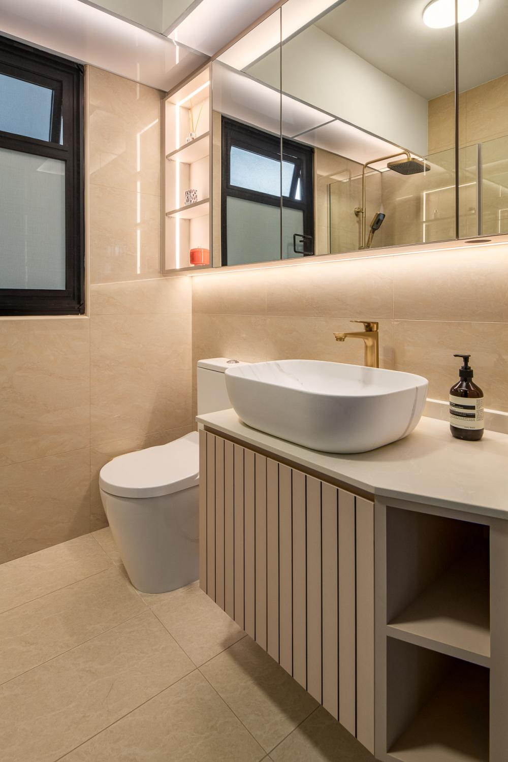 Scandinavian Bathroom with Countertop and Homogeneous Tiles