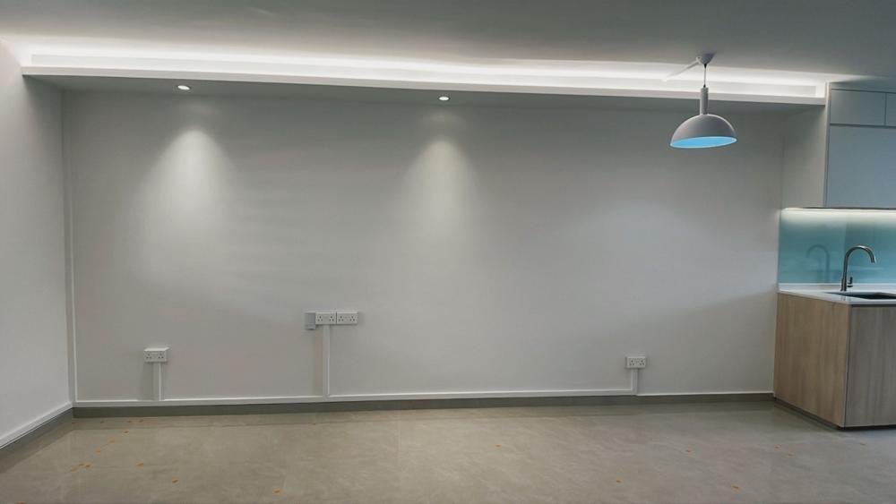Scandinavian Living Room with Marble Floor and Ceiling Light