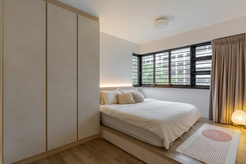 Scandinavian Bedroom with Wardrobe and Curtain