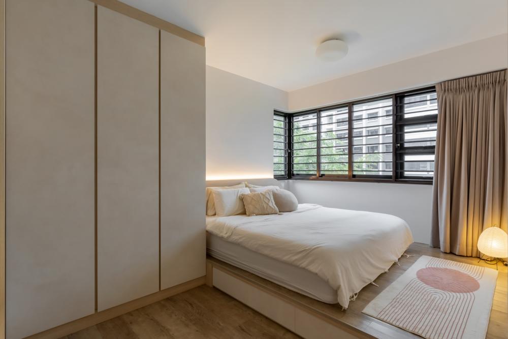 Scandinavian Bedroom with Wardrobe and Curtain