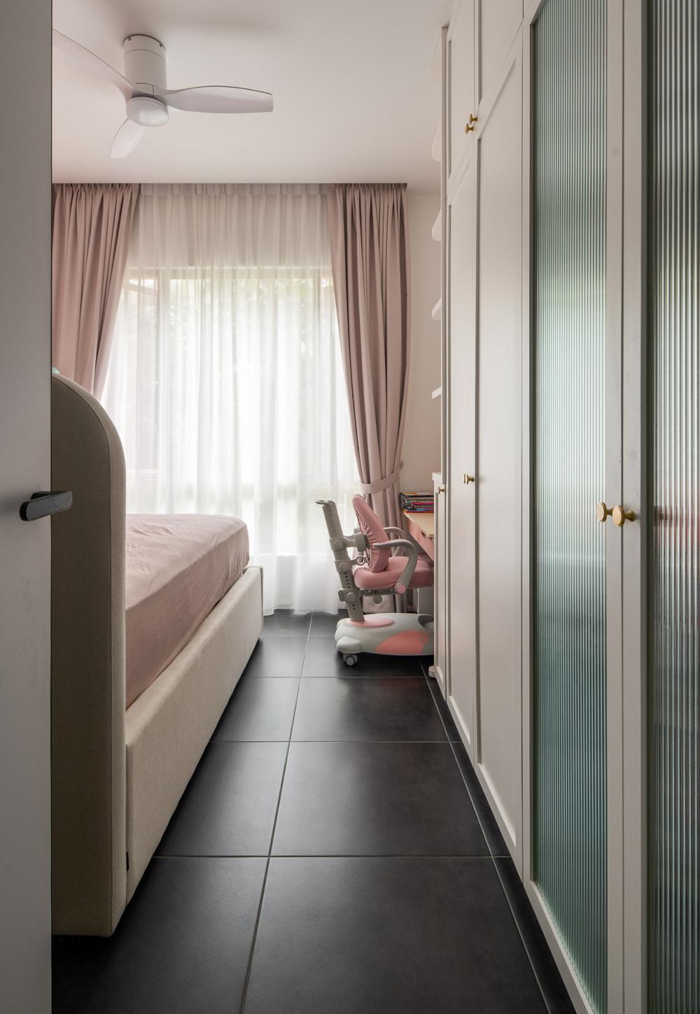 Country Bedroom with Homogeneous Tiles and Wardrobe