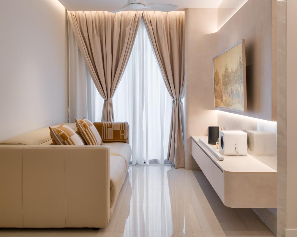 Contemporary Living Room with Homogeneous Tiles and TV