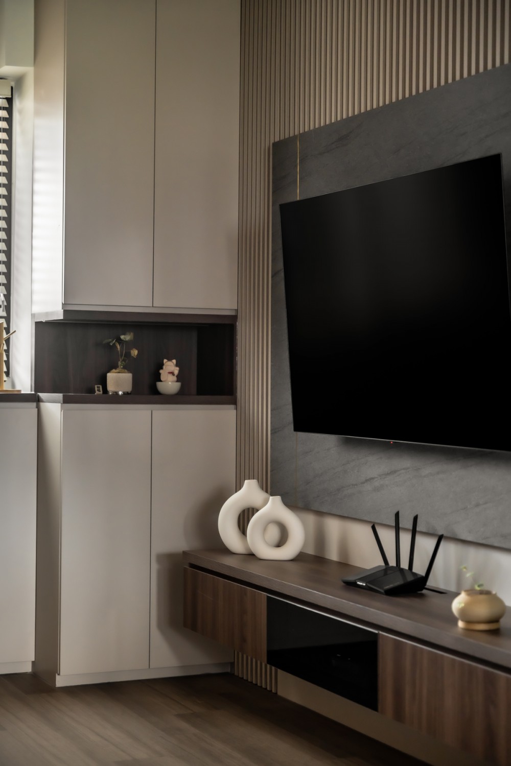 Contemporary Living Room with Feature Wall and Storage Cabinets