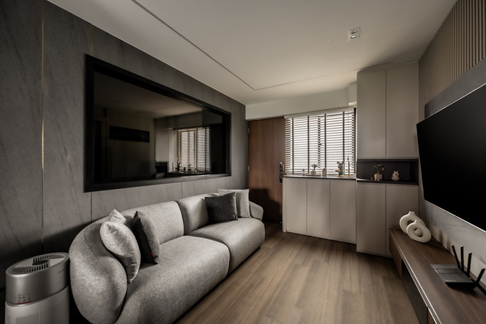 Contemporary Living Room with Feature Wall and Display Cabinets