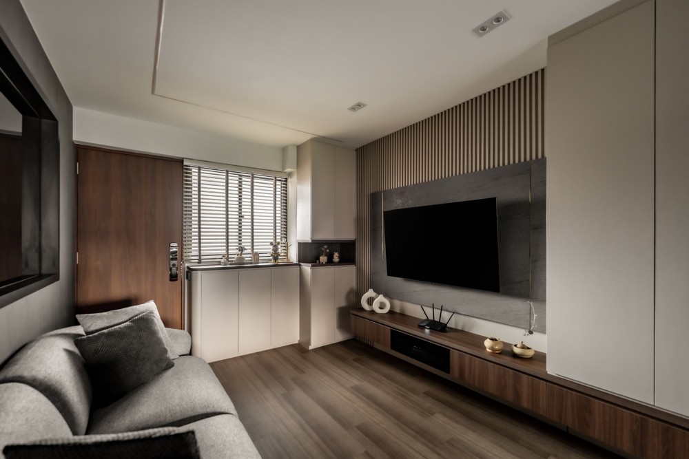 Contemporary Living Room with Feature Wall and Storage Cabinets