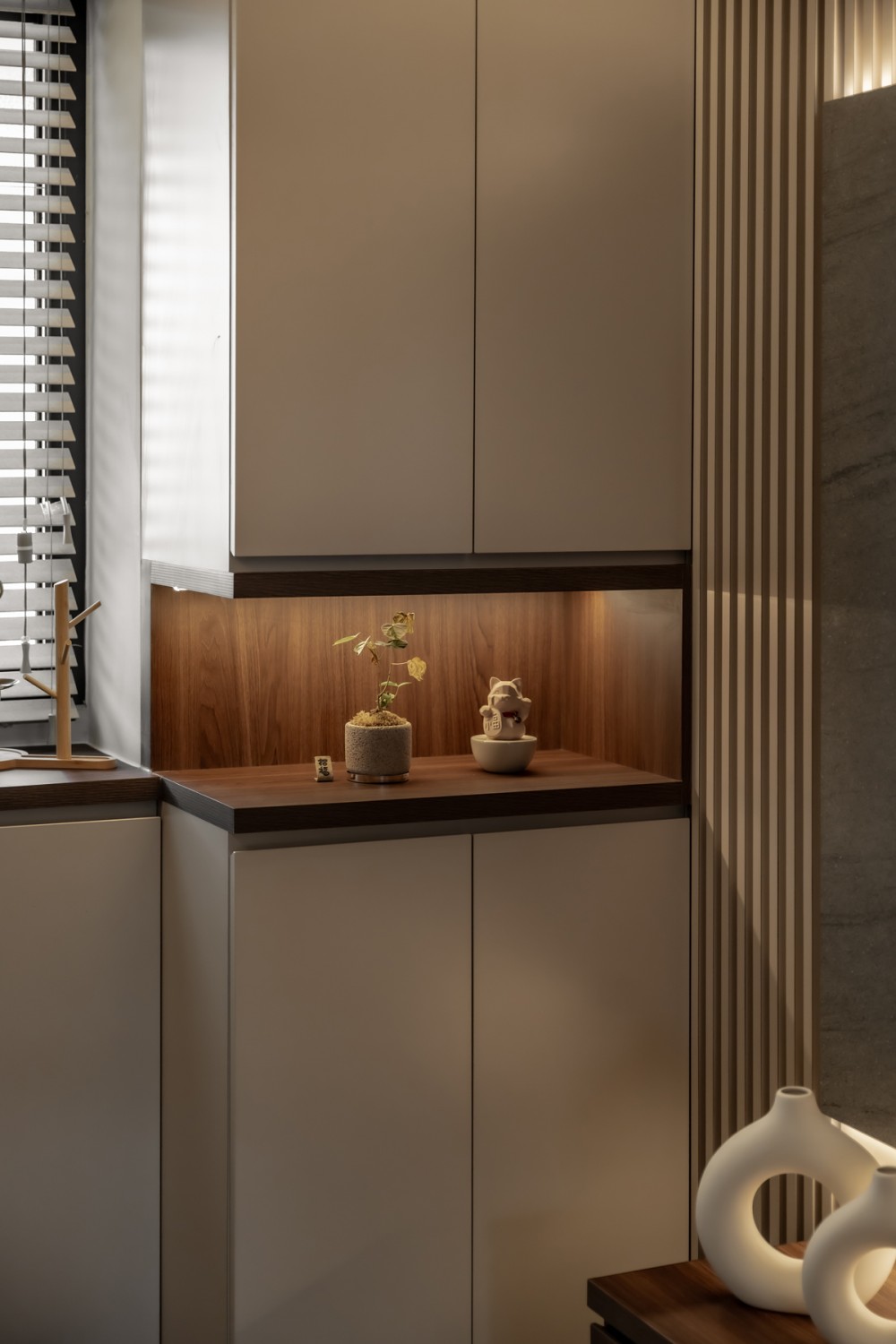 Contemporary Living Room with Feature Wall and Storage Cabinets