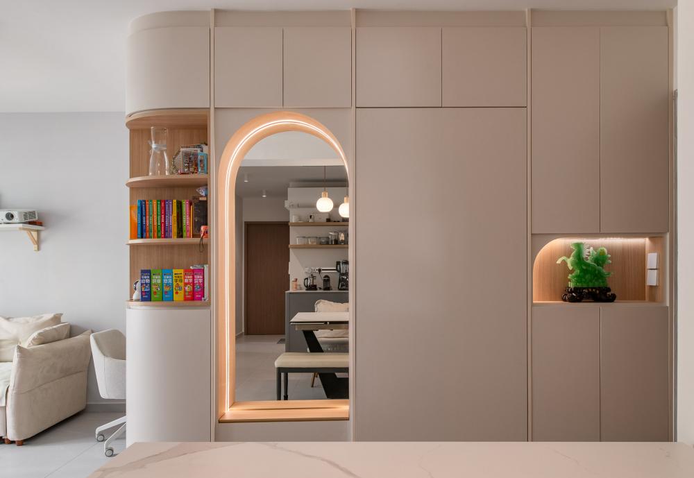 Transitional Living Room with Bookshelf and Homogeneous Tiles