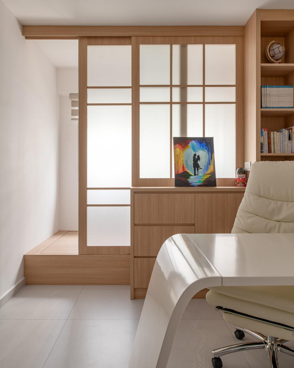 Transitional Bedroom with Platform Bed and Wood Flooring