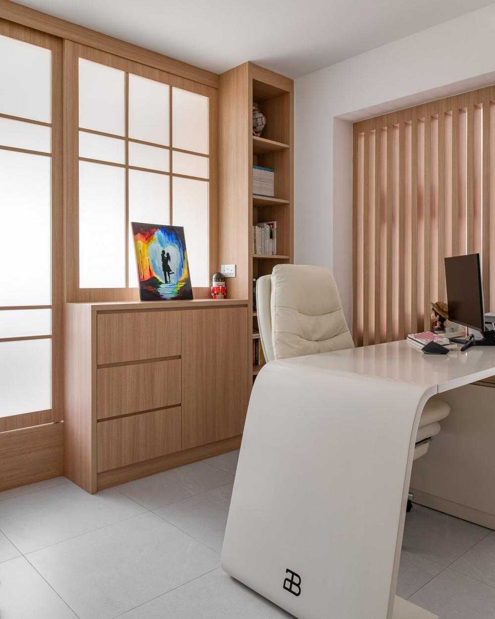 Transitional Bedroom with Bookshelf and Platform Bed