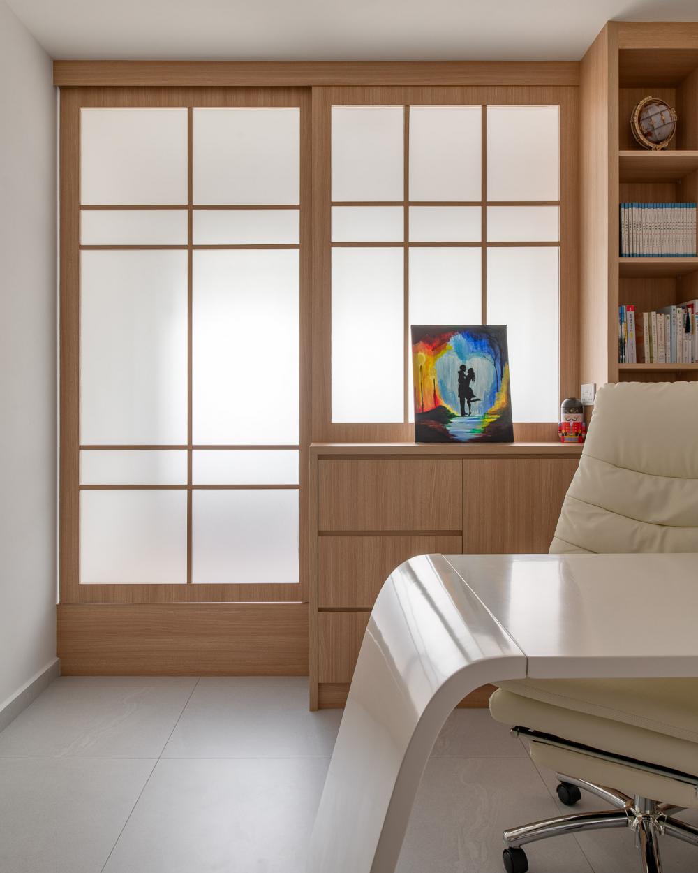 Transitional Bedroom with Bookshelf and Platform Bed