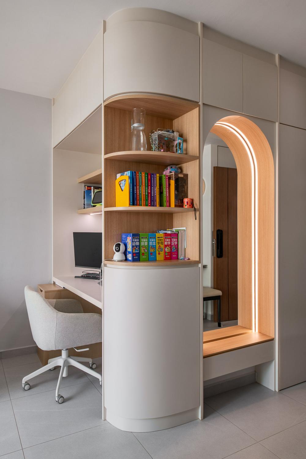 Transitional Living Room with Bookshelf and Settee