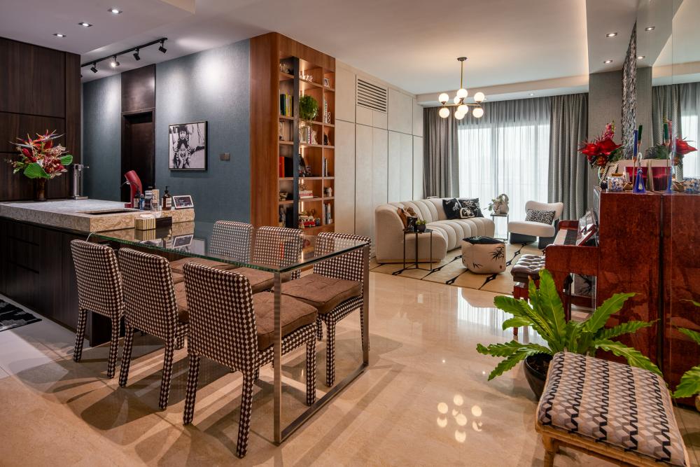 Eclectic Living Room with Bookshelf and Marble Floor