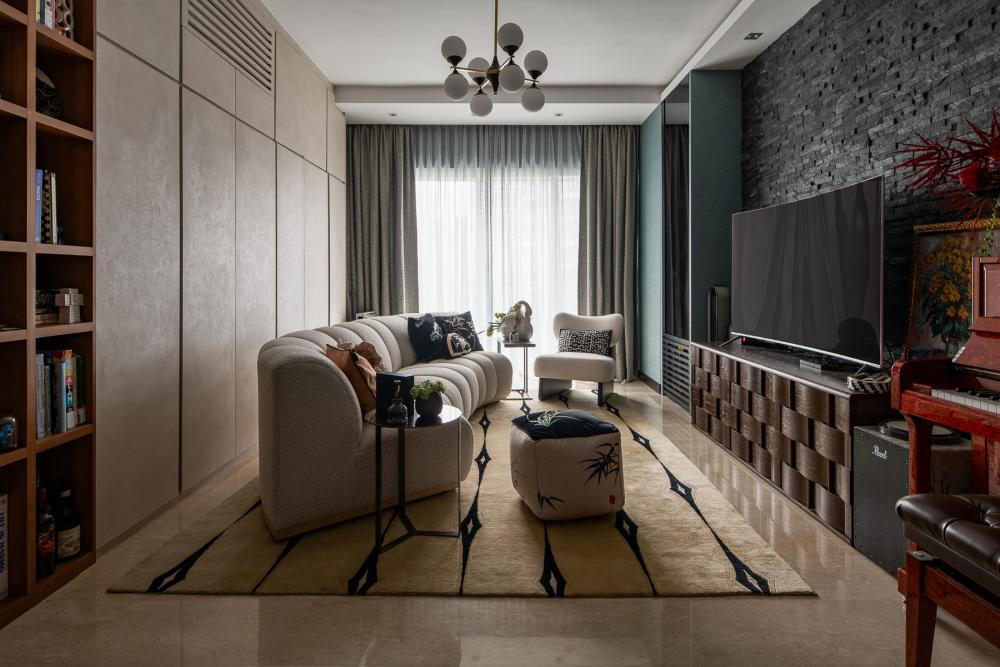 Eclectic Living Room with Bookshelf and Marble Floor