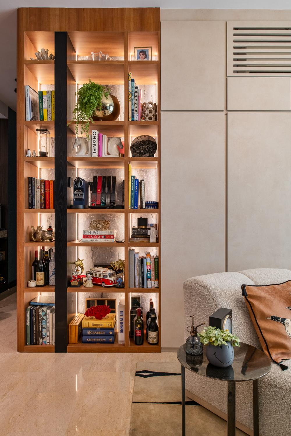 Eclectic Living Room with Bookshelf and Marble Floor