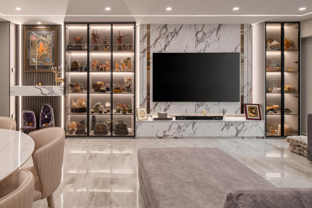 Contemporary Living Room with TV Console and Feature Wall